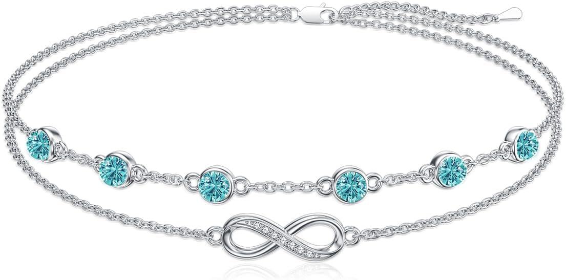 Sterling Silver Birthstone Women s Anklet Bracelets Infinity Butterfly Evil Eye Turtle Pineapple Starfish Heart-Infinity 12-Blue Topaz-Anklet 9"-11"