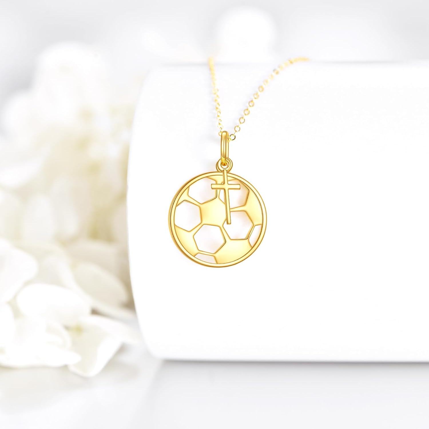 14K Gold Soccer Ball Cross Pendant Necklace - Sports s for Women and Men-0-2