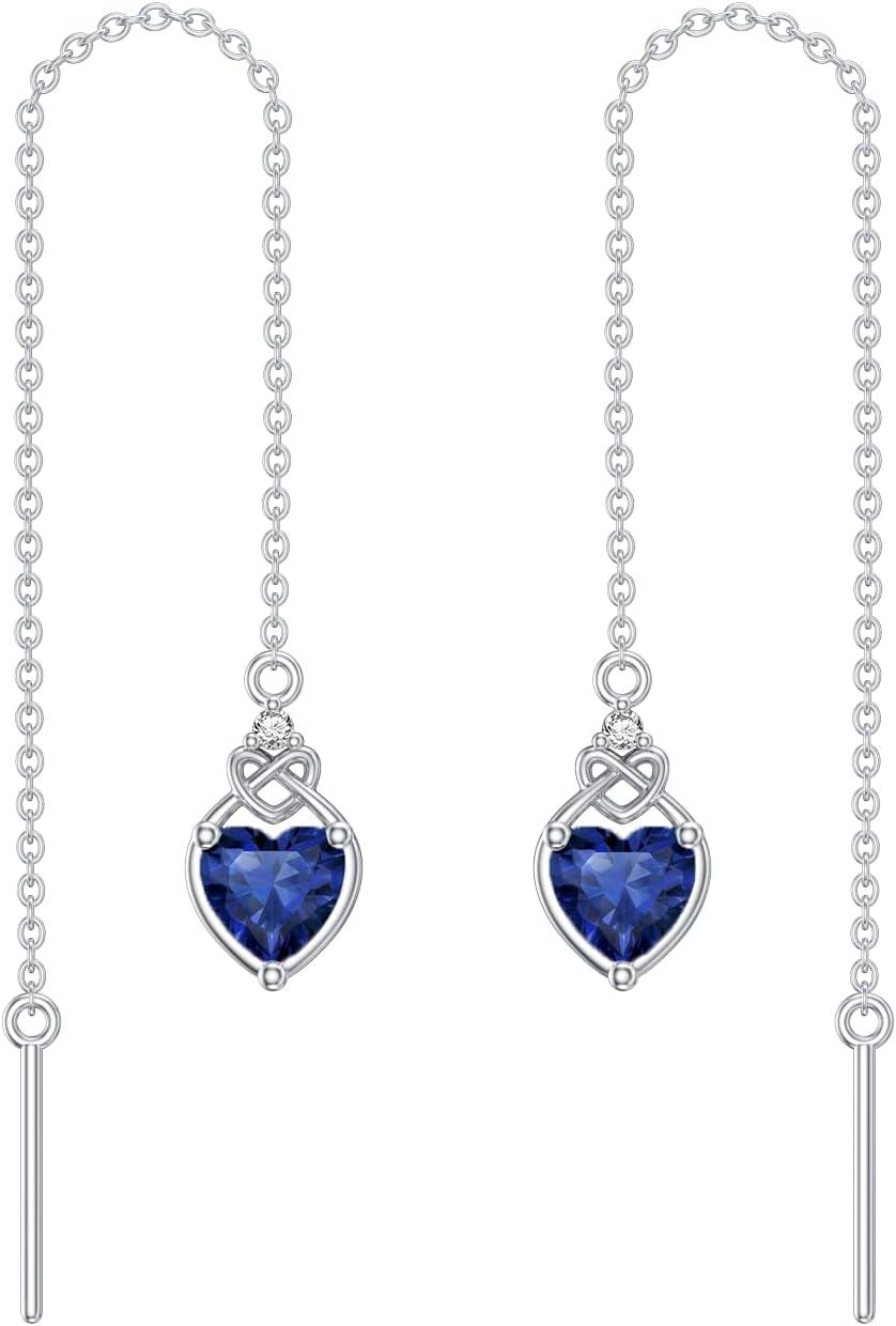Sterling Silver Celtic Knot Heart Threader Earrings w 12 Birthstones-9-Sep-Sapphire Blue