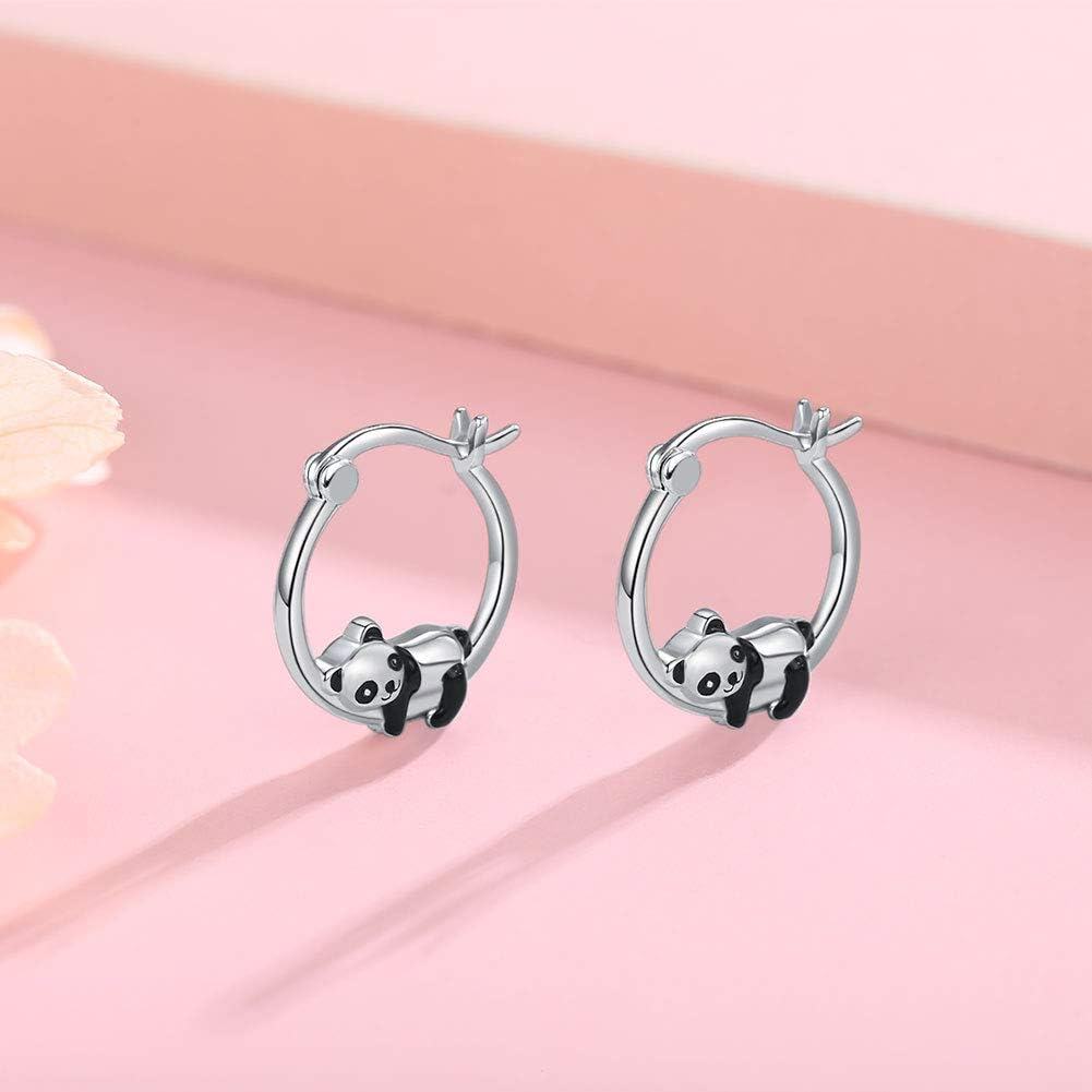925 Sterling Silver Panda Animal Charm Huggie Hoop Earrings for Women Girls  43mm Diameter-0-3