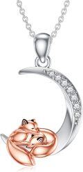 wholesale 925 Sterling Silver Rose Gold Fox & Cub on Crescent Moon Charm Necklace-0-0