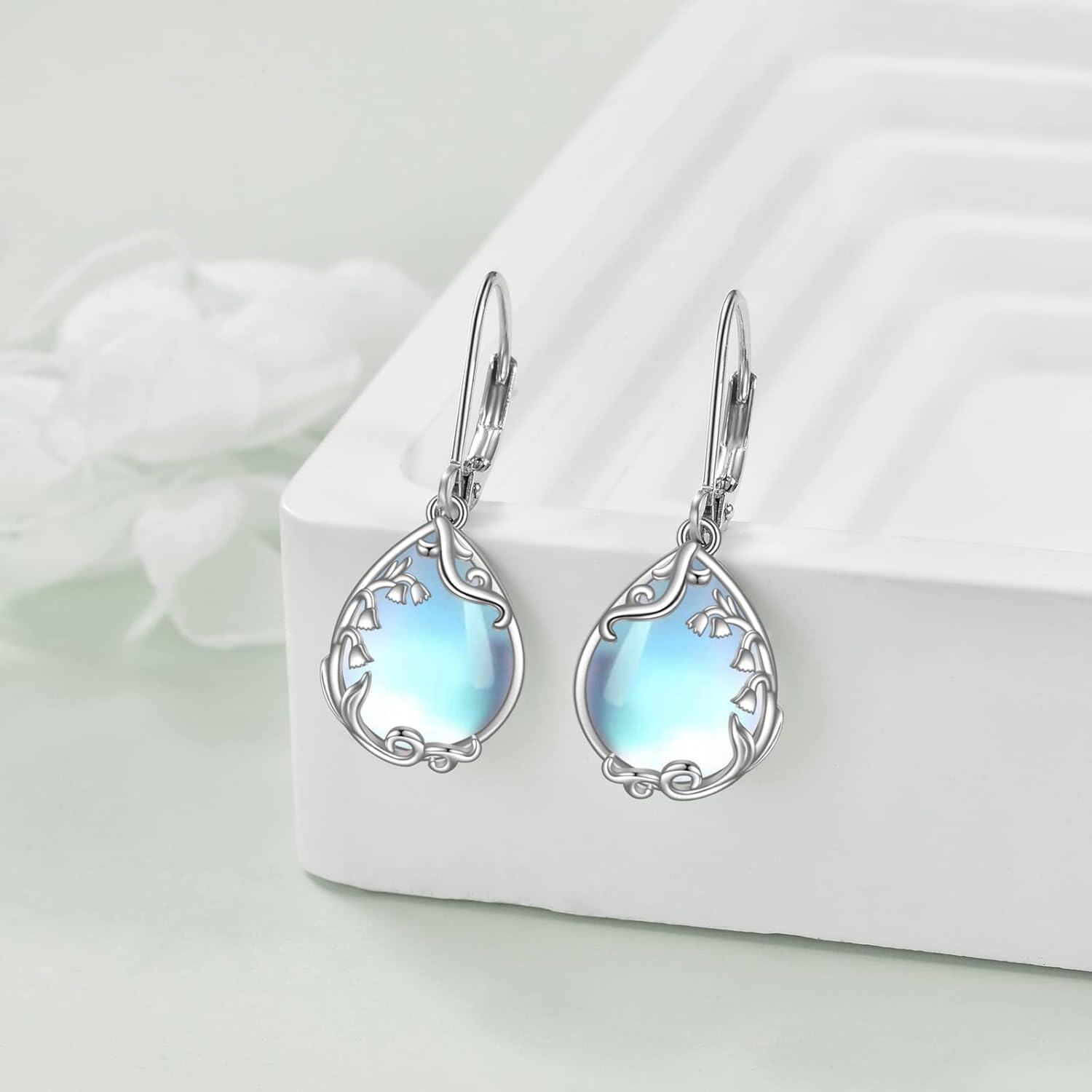 wholesale 925 Sterling Silver Blue Moonstone Lily of the Valley Filigree Teardrop Dangle Leverback Earrings-0-4
