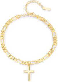 wholesale Gold Plated 925 Sterling Silver Cross Pendant Figaro Chain Adjustable Bracelet for Women-Cross