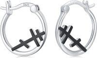 wholesale 925 Sterling Silver Cross Hoop Earrings with Black Stone - Religious  for Women-Orthodox Cross