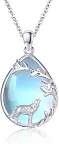 wholesale 925 Sterling Silver Blue Moonstone Howling Wolf Pendant Necklace-0-0
