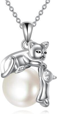 wholesale 925 Sterling Silver Pearl Cat Charm Pendant Necklace s for Women-Cat