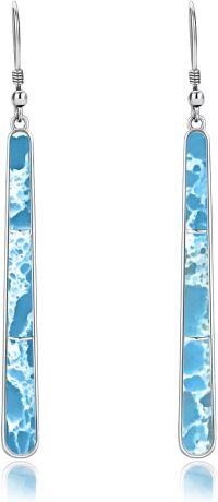 wholesale 925 Sterling Silver Larimar Drop Earrings with 0.2 ct Cubic Zirconias (I2-I3)-Long Larimar Earrings