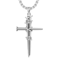 wholesale 925 Sterling Silver &  Barbed Wire Nail Cross Pendant with Beaded Chain for Men's s (24)-04-Nail Cross Silver