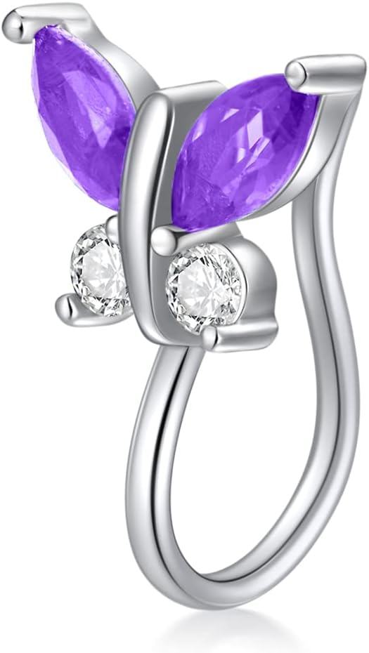 Sterling Silver Simulated Birthstone Butterfly Clip On Nose Cuff for Non Pierced Nose-Purple