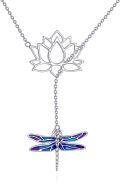 wholesale 925 Sterling Silver Purple Blue Enamel Lotus Dragonfly Lariat Y-Necklace s for Women-0-0
