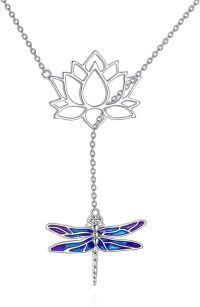 wholesale 925 Sterling Silver Purple Blue Enamel Lotus Dragonfly Lariat Y-Necklace s for Women-Dragonfly necklace