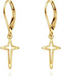 wholesale 14K Gold Star Drop Dangle Leverback Earrings with Diamonds for Women Christian s-star cross earrings