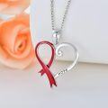 wholesale 925 Sterling Silver Hope Heart with Red Ribbon Breast Cancer Awareness Pendant Necklace-0-3