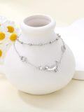 wholesale 925 Sterling Silver Cat Charm Double-Strand Beaded Ankle Anklet with Heart Charms and Cubic Zirconia Stones - Gifts for Her-0-2