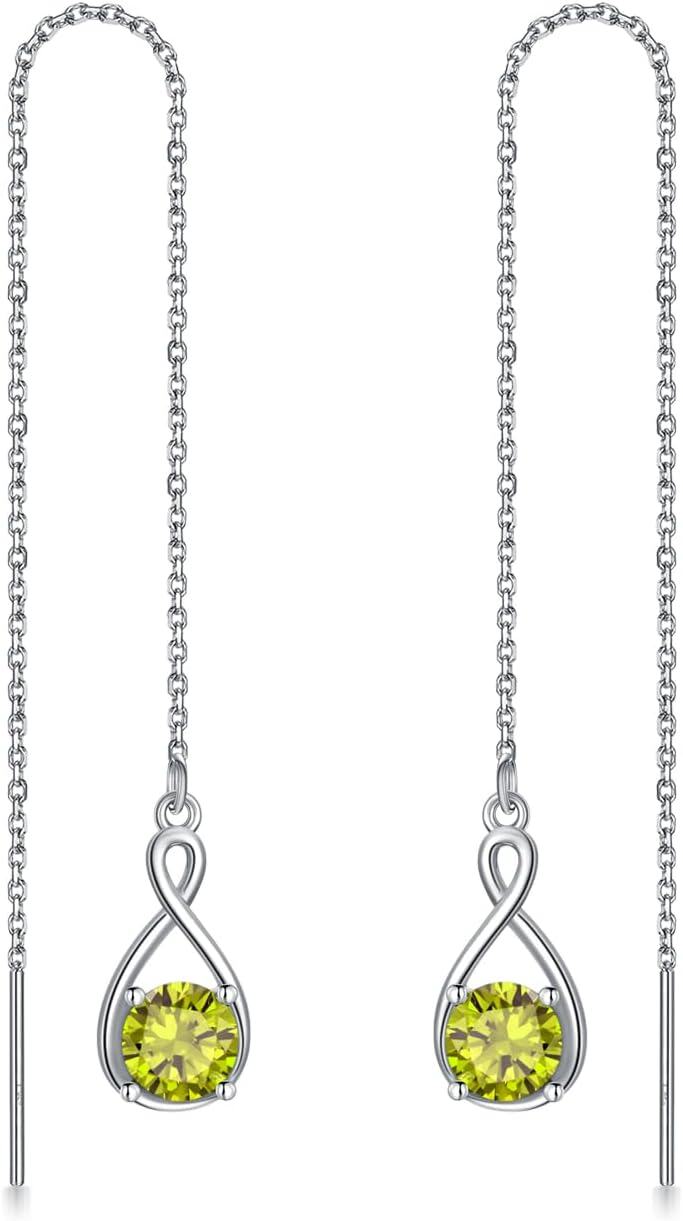  Sterling Silver Birthstone Threader Earrings Infinity Long Chain Drop Pull Through 12 Stone Birthday Jewelry Gifts for Women -08-Aug-Peridot
