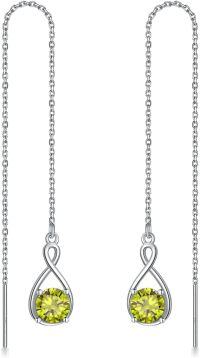 wholesale 925 Sterling Silver Birthstone Threader Earrings Infinity Long Chain Drop Pull Through 12 Stone Birthday Jewelry Gifts for Women-08-Aug-Peridot