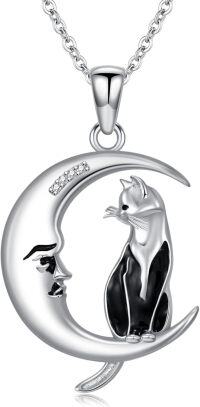 wholesale 925 Sterling Silver Cubic Zirconia Black Cat Crescent Moon Pendant Necklace for Women-Black Cat on Moon 3