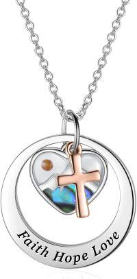 wholesale 925 Sterling Silver & Rose Gold Plated Faith Hope Love Heart Cross Pendant Necklace with Abalone Shell and Austrian Crystals-Faith Mustard Seed-Faith Hope Love
