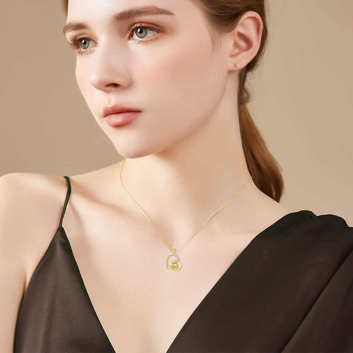 wholesale 14K Gold Moissanite Heart Pendant Necklace with Angel and Child Design for Women Wife Mother Daughter-0-4