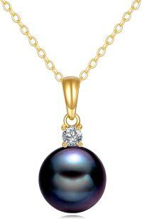 wholesale 14K Gold Black Freshwater Pearl & Diamond Pendant Necklace for Women (Length: Adjustable)-4-yellow gold black pearl