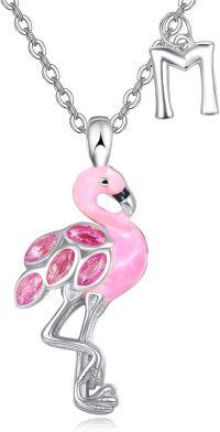 wholesale Sterling Silver Pink Flamingo Initial Pendant Necklace w 18+2 Chain-Initial(M)