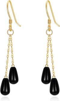 wholesale 14K Gold  Teardrop Black Onyx Drop Earrings for Women Gifts-B- Double Drop Design