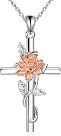 wholesale 925 Sterling Silver Floral Cross Pendant Necklace with Pink Lotus and Leaves Design Birthstone Jewelry for Women-Lotus