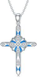wholesale 925 Sterling Silver Blue Opal Inlay Cubic Zirconia Cross Pendant Necklace for Women-0-0
