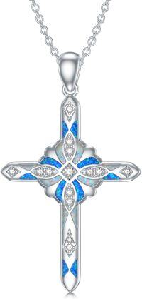 wholesale 925 Sterling Silver Blue Opal Inlay Cubic Zirconia Cross Pendant Necklace for Women-White