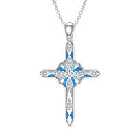 wholesale 925 Sterling Silver Blue Opal Inlay Cubic Zirconia Cross Pendant Necklace for Women-White