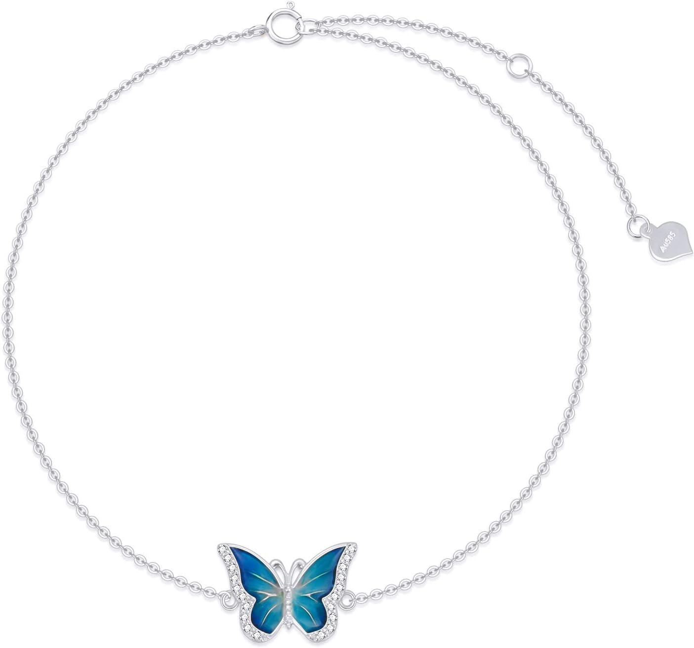 14K Gold Blue Butterfly Bracelet for Women Solid 14K Animal Lover Jewelry Gift-0-1