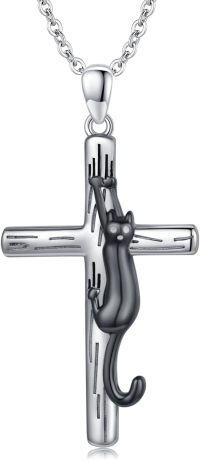 wholesale 925 Sterling Silver Black Cat on Cross Pendant Necklace for Women and Men-Cat Cross