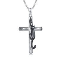 wholesale 925 Sterling Silver Black Cat on Cross Pendant Necklace for Women and Men-Cat Cross