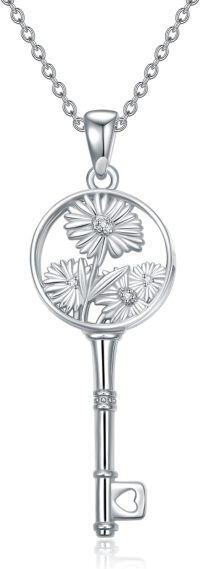 wholesale Sterling Silver Diamond Birth Flower Key Necklace for Women-4-Apr-Daisy