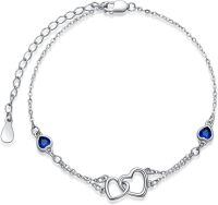 wholesale Sterling Silver Cubic Zirconia Double Heart Chain Jewelry for Women-Bracelet 7''-9''-09 Sept - Sapphire-White Gold