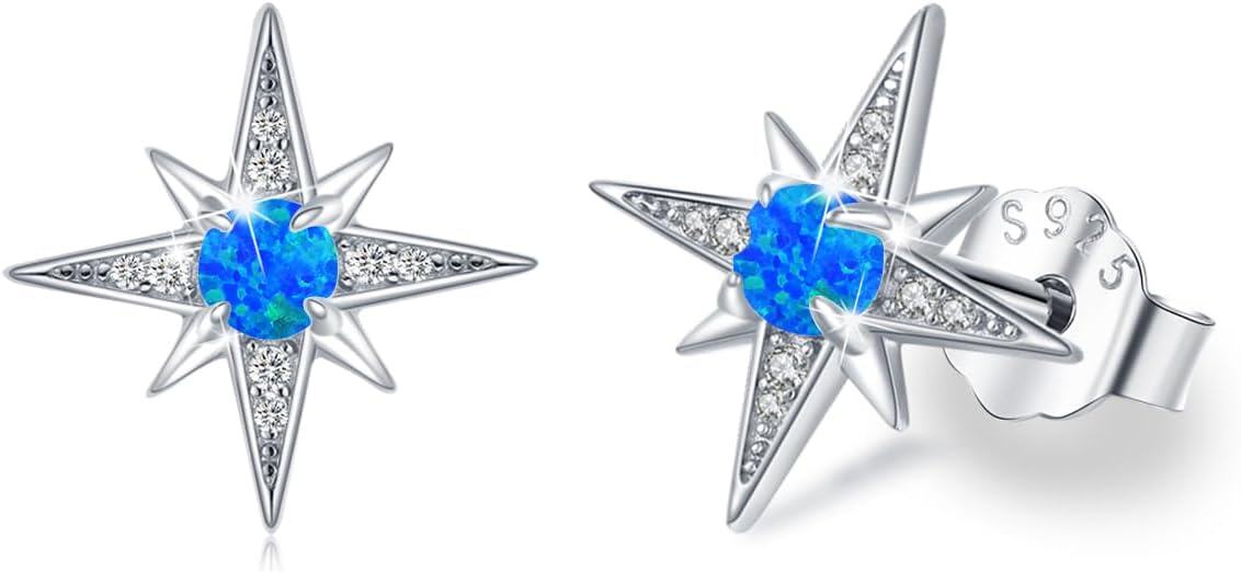 Sterling Silver Moonstone Birthstone Opal Star Planet Panda Whale Heart Earrings for Women -Star Blue Opal Stud Earrings