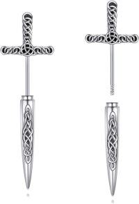 wholesale Silver Metal Gothic Celtic Sword Dagger Cross Stud Earrings for Women Men Punk Style Irish Jewelry 925 Sterling Silver Hypoallergenic Ear Piercing Gift Set-Sword Drops