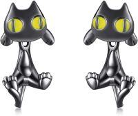 wholesale 925 Sterling Silver Black Plated Black Cat Earrings, Nickel-Free Hypoallergenic, Gift for Women Girls Cat Lovers-Black Cat Stud Earrings B