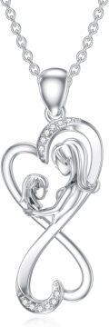 wholesale 925 Sterling Silver Lab-Grown Cubic Zirconia Infinity Mother & Child Heart Pendant Necklace-0-0