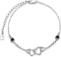 wholesale Sterling Silver Cubic Zirconia Double Heart Chain Jewelry for Women-Bracelet 7''-9''-13-Black Zircon-White Gold