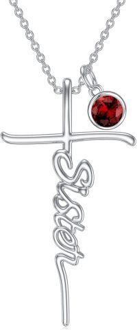 wholesale 925 Sterling Silver Birthstone Cross Sister Initial Pendant Necklace-01-January