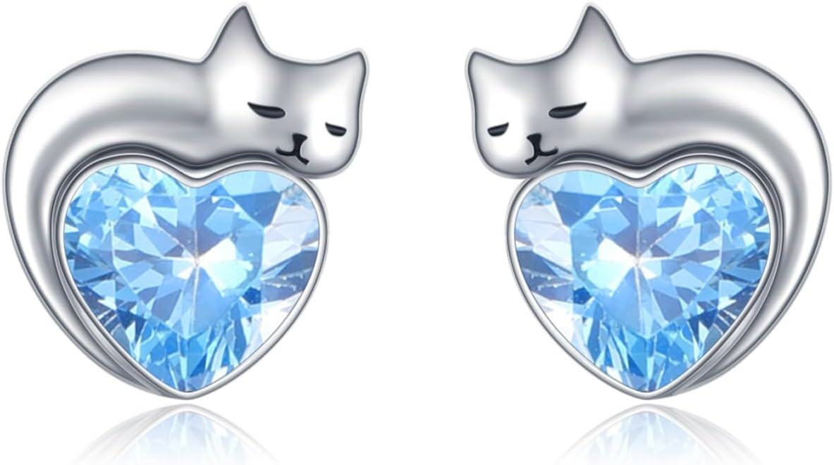 wholesale Sterling Silver Birthstone Cat Stud Earrings Heart Jewelry for Women-03-March