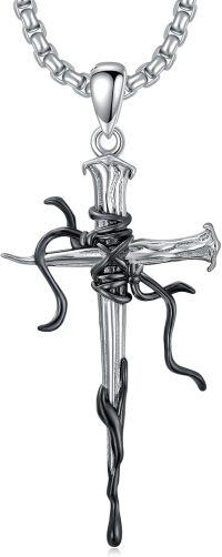 wholesale 925 Sterling Silver Gothic Black Plated Sword & Nails Cross Necklace w/Chain 24inches-A.Nail Cross(Blood and bandages)