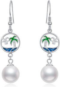 wholesale 925 Sterling Silver Metal Freshwater Pearl Summer Beach Earrings with Palm Trees and Seagulls Design-Silver