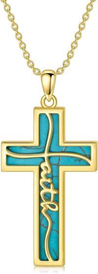 wholesale 925 Sterling Silver Plated Gold  Turquoise Stone Faith Cross Pendant Necklace for Women-A2-Natural Turquoise-Gold Color
