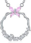 wholesale 925 Sterling Silver Pink & White CZ Butterfly Circle Pendant Necklace for Women-0-0