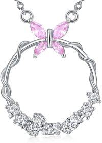 wholesale 925 Sterling Silver Pink & White CZ Butterfly Circle Pendant Necklace for Women-style1
