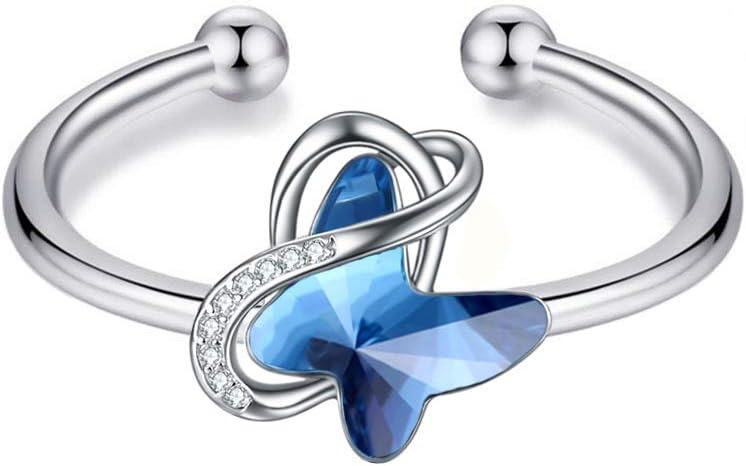 Sterling Silver Crystal Infinity Butterfly Ring Hypoallergenic Adjustable-Blue