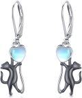 wholesale 925 Sterling Silver Heart-Shaped Moonstone Cat Dangle Earrings-0-0