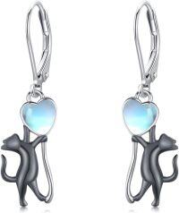 wholesale 925 Sterling Silver Heart-Shaped Moonstone Cat Dangle Earrings-Black Cat
